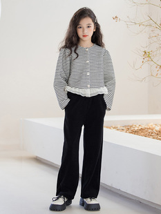 春秋款女童小香风外套条纹开衫阔腿裤中大童女孩休闲裤子两件套装