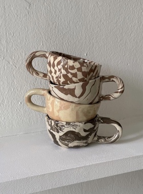EDITOR01韩国PollyGarden不规则棋盘格马克杯大理石纹拿铁杯