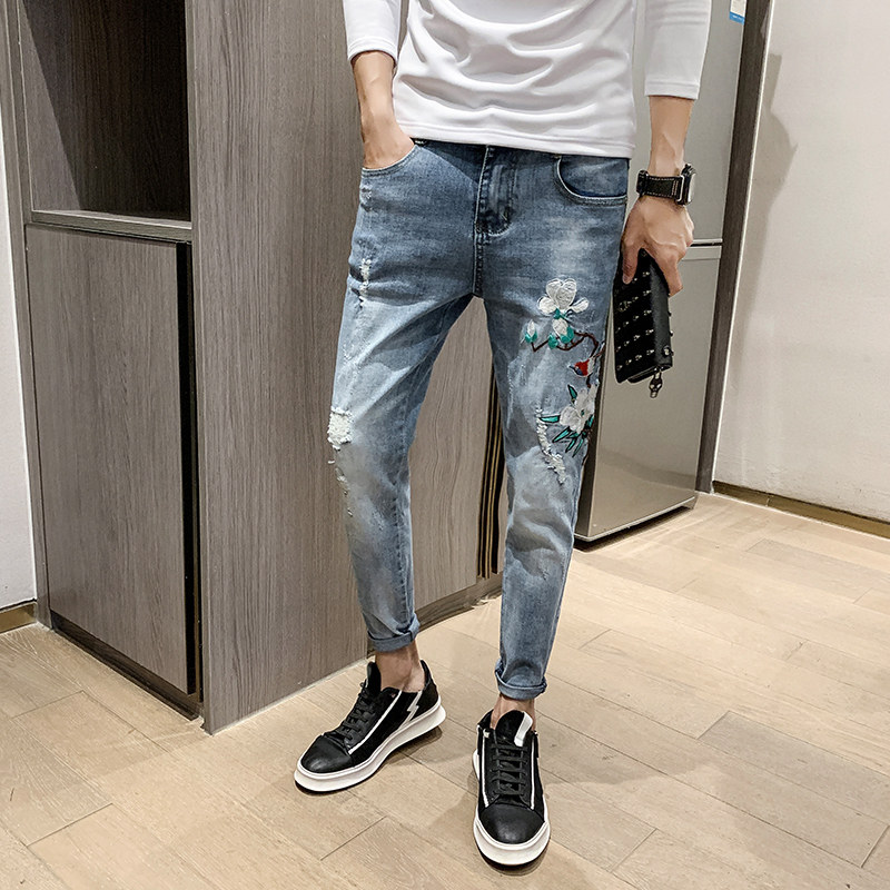 社会小伙修身刺绣牛仔裤男秋韩版破洞潮流小九分脚裤xz905-06#图片