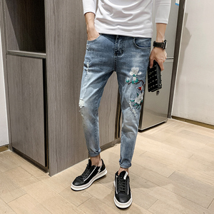 社会小伙修身刺绣牛仔裤男秋韩版破洞潮流小九分脚裤xz905-06#图片