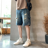 夏季痞帅牛仔短裤宽松直筒潮百搭高街五分中裤K182#P45-控68，男装牛仔裤，星座905