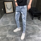 2021破洞九分牛仔裤春新款休闲小脚裤男韩版破洞牛仔208#，男装牛仔裤，星座905