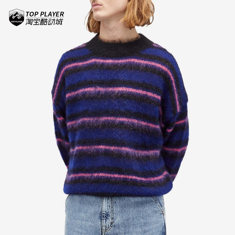 uniform experiment 新款 拉绒条纹圆领套头海马毛毛衣