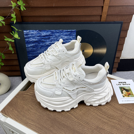 2026春季新款松糕底增高7cm老爹鞋女真皮网面水钻绑带休闲运动鞋