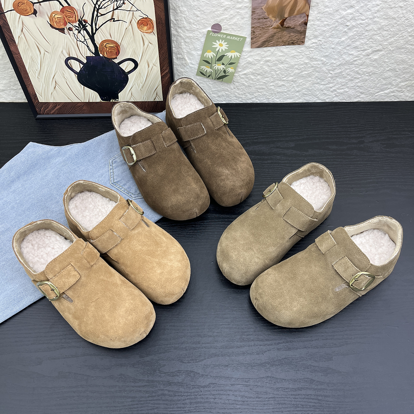 冬季新款磨砂软底加绒勃肯鞋女
