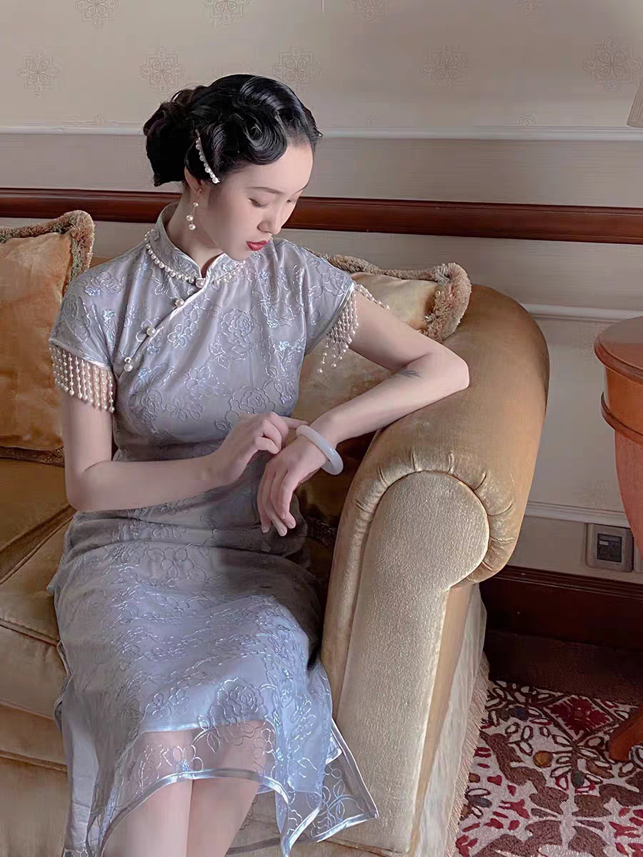 清仓浅蓝提花复古民国风旗袍