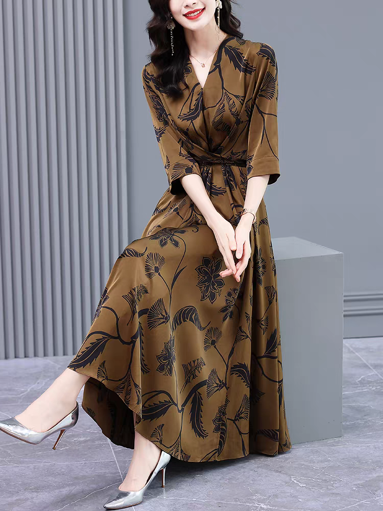 清仓/夏季新款重磅真丝连衣裙女通勤V领中老年妈妈高档桑蚕丝长裙