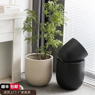 北欧镁泥落地花盆极简酒杯型软装特大花器客厅民宿商场别墅摆件