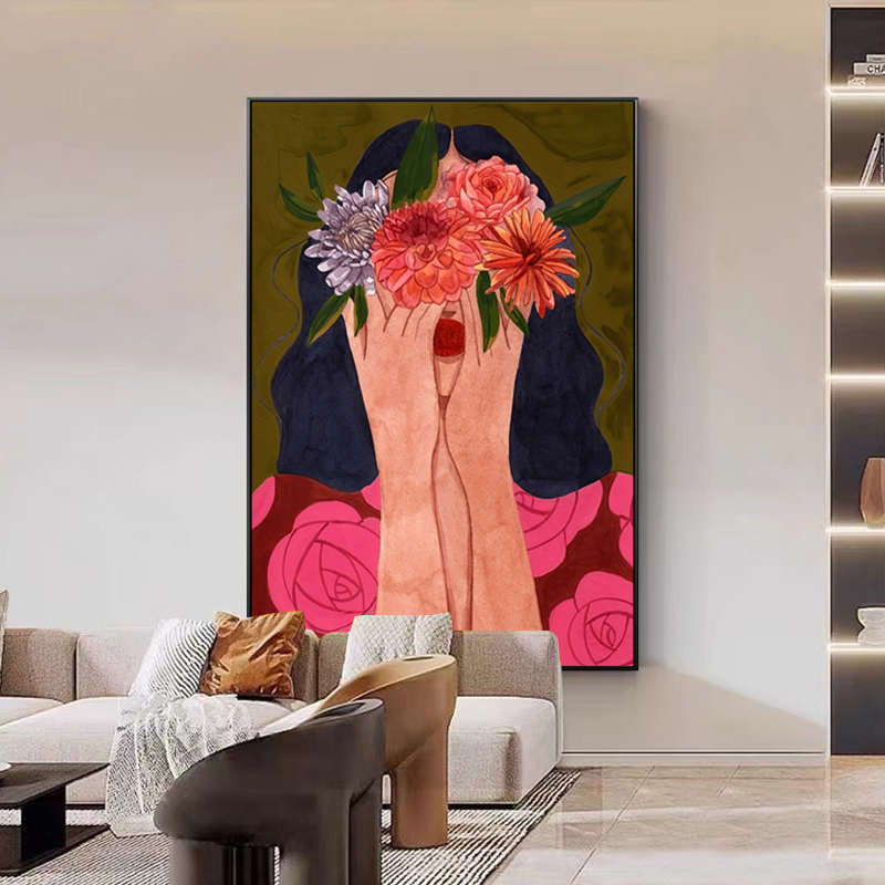 现代轻奢鲜花女孩人物客厅装饰画