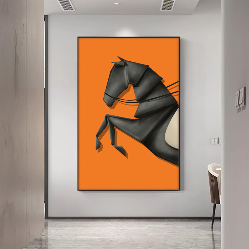 2025新款玄关装饰画入户正对门轻奢高级感过道壁画橙色马客厅挂画