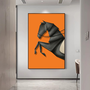 2025新款玄关装饰画入户正对门轻奢高级感过道壁画橙色马客厅挂画