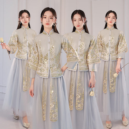 伴娘服2024中式灰色姐妹团中国风加厚小众平时可穿秀禾礼服春季