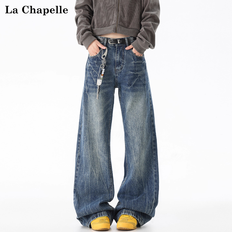 拉夏贝尔2021M闪电纹微喇牛仔裤男女2025秋季新款潮流休闲直筒裤