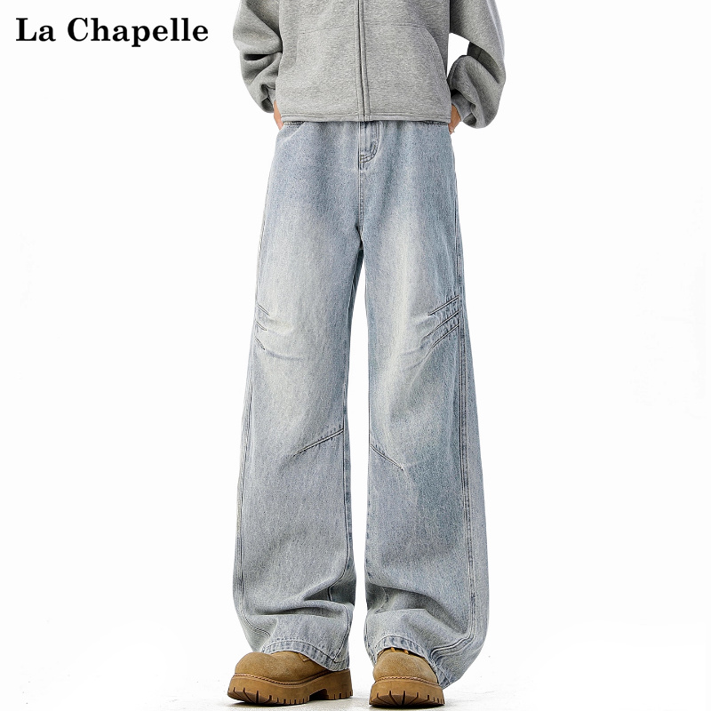 拉夏贝尔复古水洗爪痕牛仔裤男女款秋季美式高街百搭宽松休闲裤子
