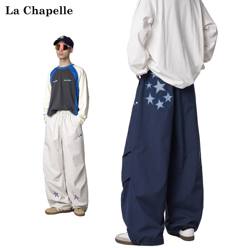 拉夏贝尔星星纹伞兵速干休闲裤子男女秋季新款潮牌青少年直筒阔腿