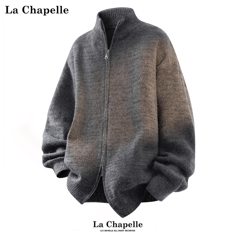 拉夏贝尔冬季绵羊毛立领针织开衫男2025宽松简约百搭保暖毛衣外套