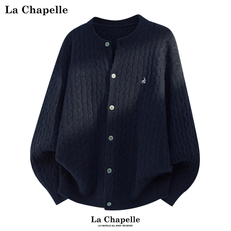 拉夏贝尔复古绵羊毛针织开衫冬季新款麻花纹毛衣外套圆领刺绣男士