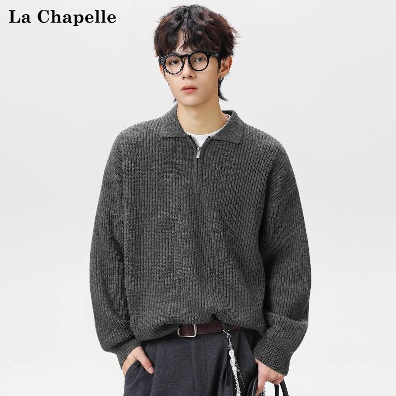 拉夏贝尔半拉链polo领针织衫冬季仿鹿毛绒毛衣保暖休闲男套头毛衫