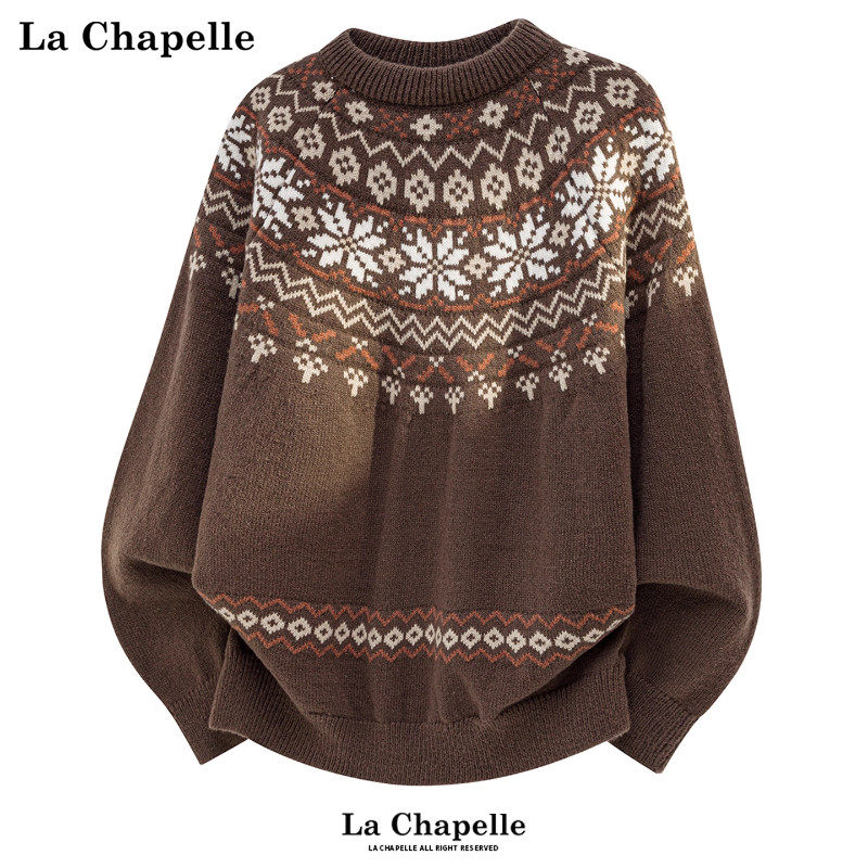 拉夏贝尔费尔岛提花圆领毛衣冬季氛围感保暖针织衫男宽松情侣上衣