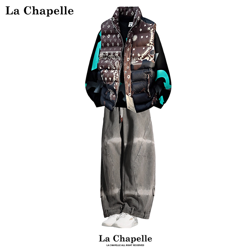 拉夏贝尔秋冬新款马甲卫衣牛仔裤套装男女新款潮流休闲免搭三件套