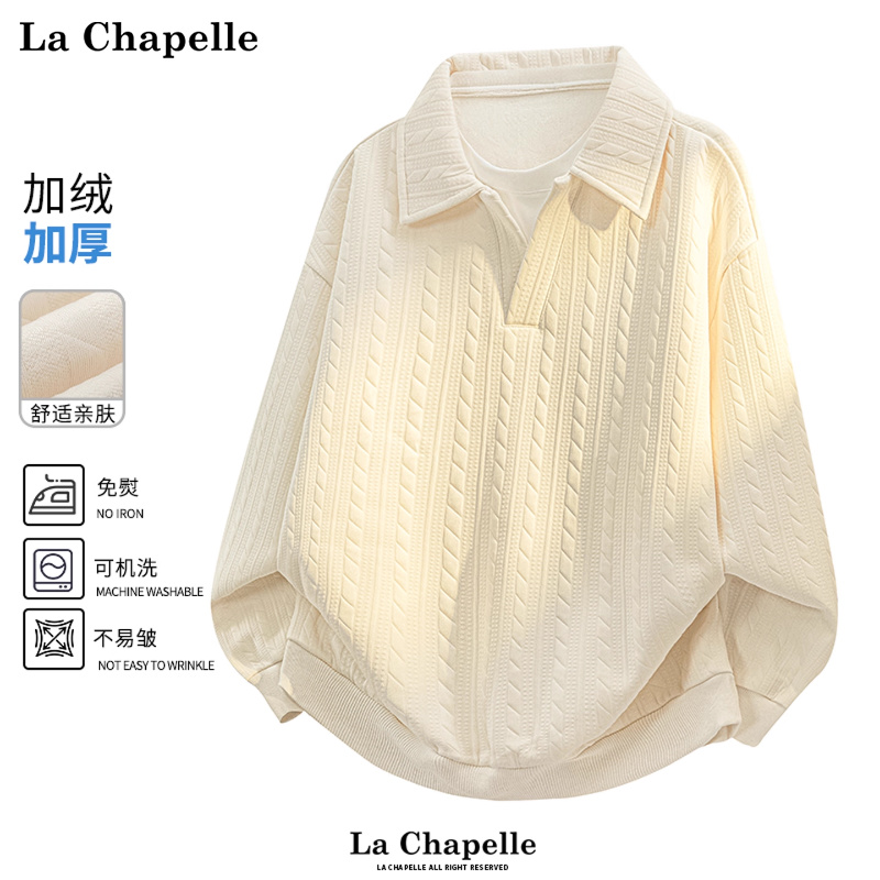 拉夏贝尔麦穗纹假两件polo衫卫衣冬季新款加绒长袖T恤打底衫男女