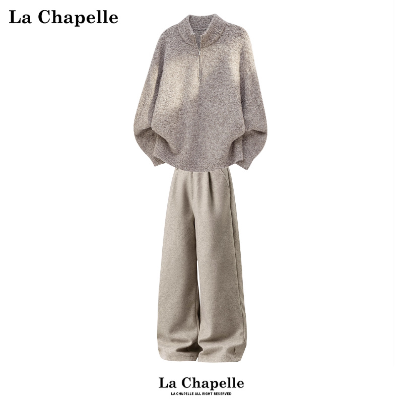 拉夏贝尔半开襟毛衣套装秋冬季2025男女新款潮流毛呢休闲裤两件套