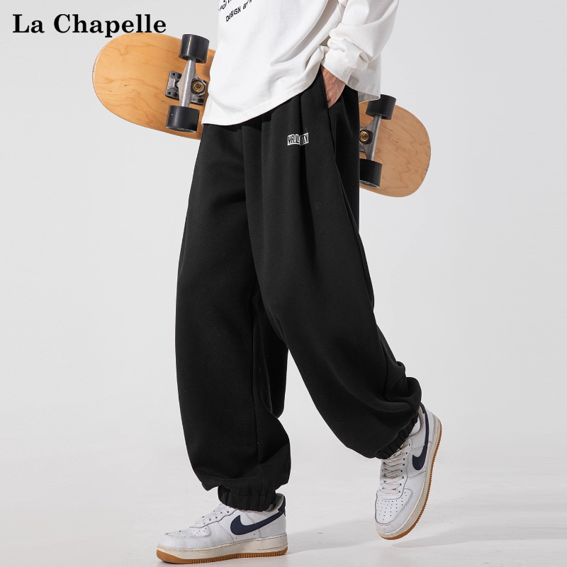 拉夏贝尔美式字母植绒胶条打褶重磅束脚卫裤男女秋季潮牌休闲新款