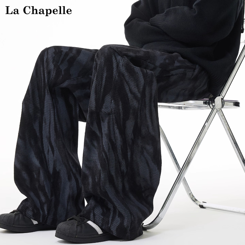 拉夏贝尔国潮扎染拼接灯芯绒休闲裤子男女秋季新款潮牌宽松直筒裤