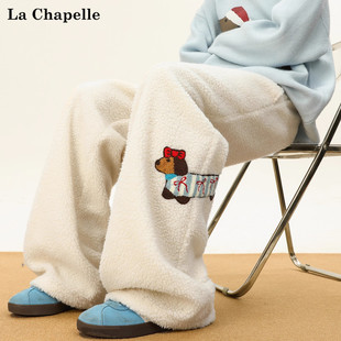 直筒长裤 新款 男女冬季 拉夏贝尔羊羔绒腊肠狗刺绣加厚情侣休闲棉裤