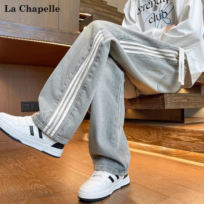 拉夏贝尔加长加绒条纹抽绳牛仔裤2025男女秋冬潮流休闲宽松直筒裤