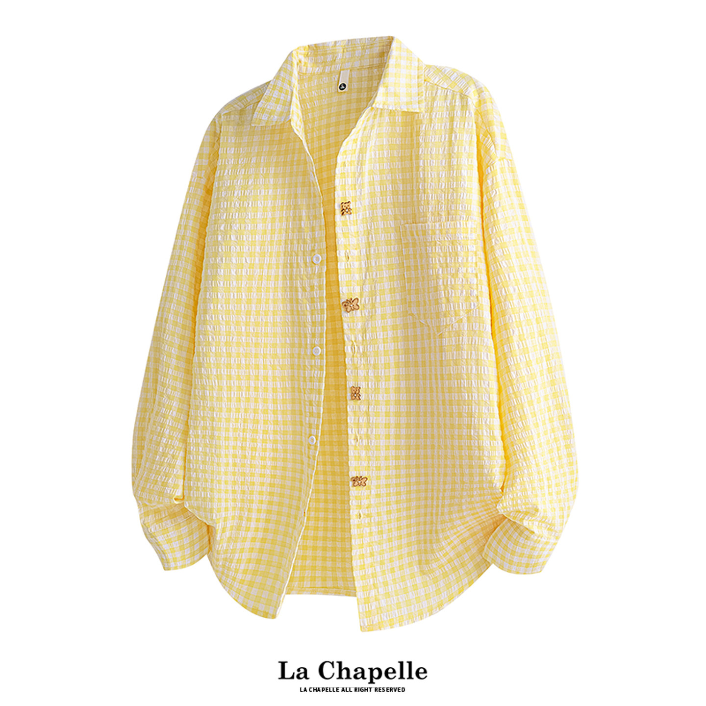 MSCS多巴胺格子长袖衬衫秋季趣味纽扣设计泡泡纱衬衣外套男女