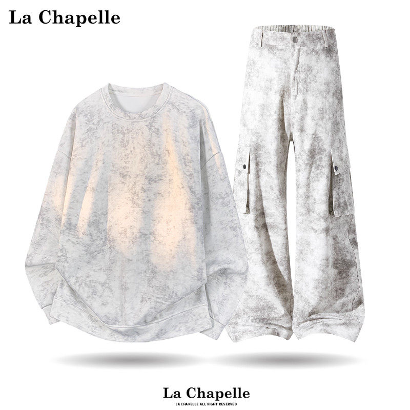拉夏贝尔美式扎染套装男士秋冬新款加绒卫衣搭纯棉牛仔裤一整套潮