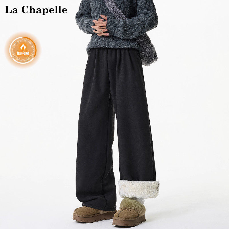 拉夏贝尔黑色羊羔绒加厚保暖休闲棉裤男士冬季新款青少年直筒裤子