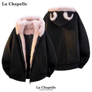 拉夏贝尔猫耳朵座山雕棉服冬季 粉色毛绒绒卫衣外套加厚 男女设计款