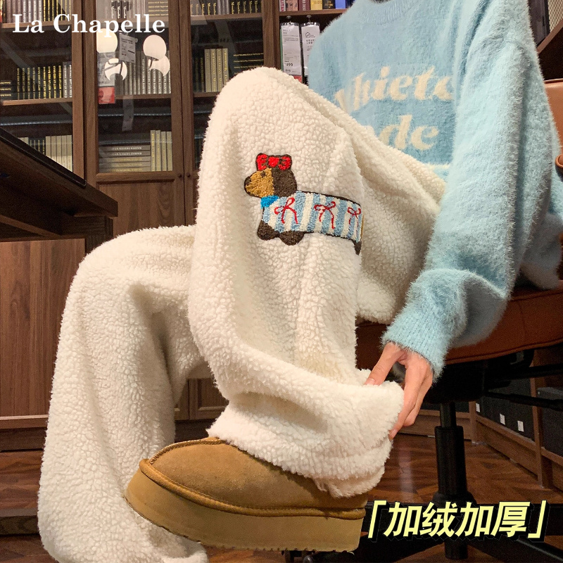 拉夏贝尔摇粒绒腊肠狗刺绣加绒加厚休闲裤子男女冬季新款直筒长裤