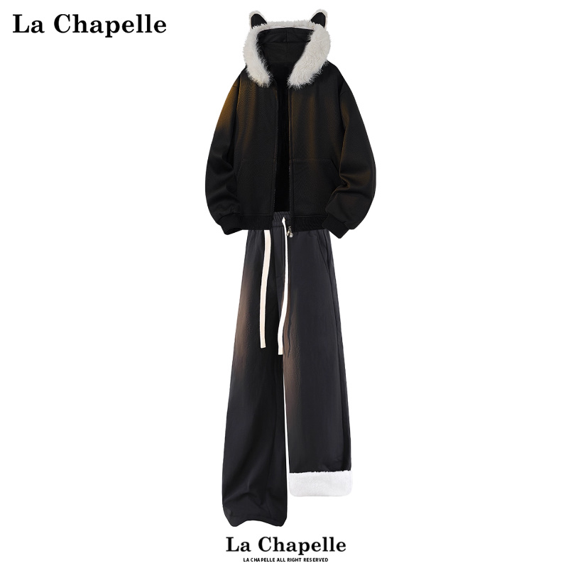 拉夏贝尔黑色秋冬加绒套装男士2025新款加绒外套卫裤美式一整套潮