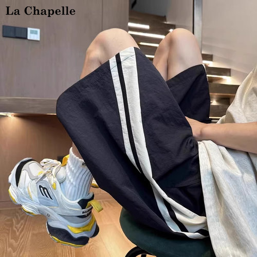 拉夏贝尔美式条纹短裤男生2025夏季新款宽松阔腿透气百搭潮流裤子