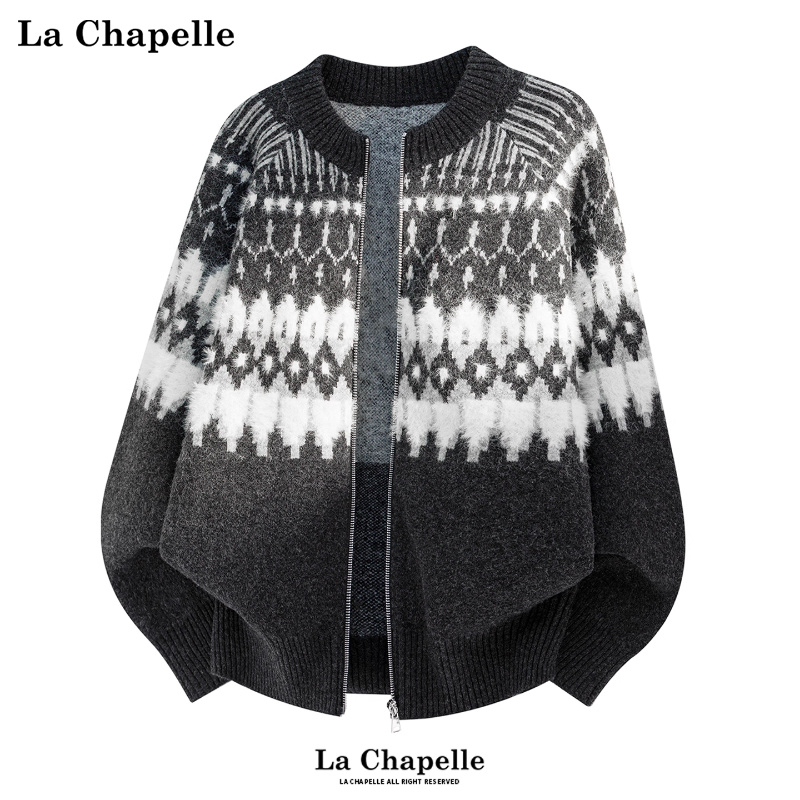 拉夏贝尔绵羊毛费尔岛提花针织开衫冬季男女宽松文艺休闲毛衣外套