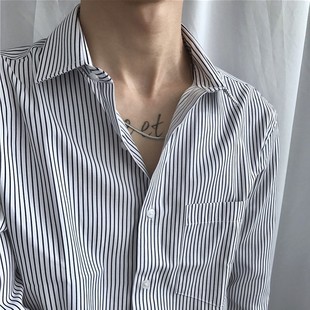 韩版 条纹长袖 男士 新款 修身 男商务休闲复古方领宽松大码 衬衣潮 衬衫