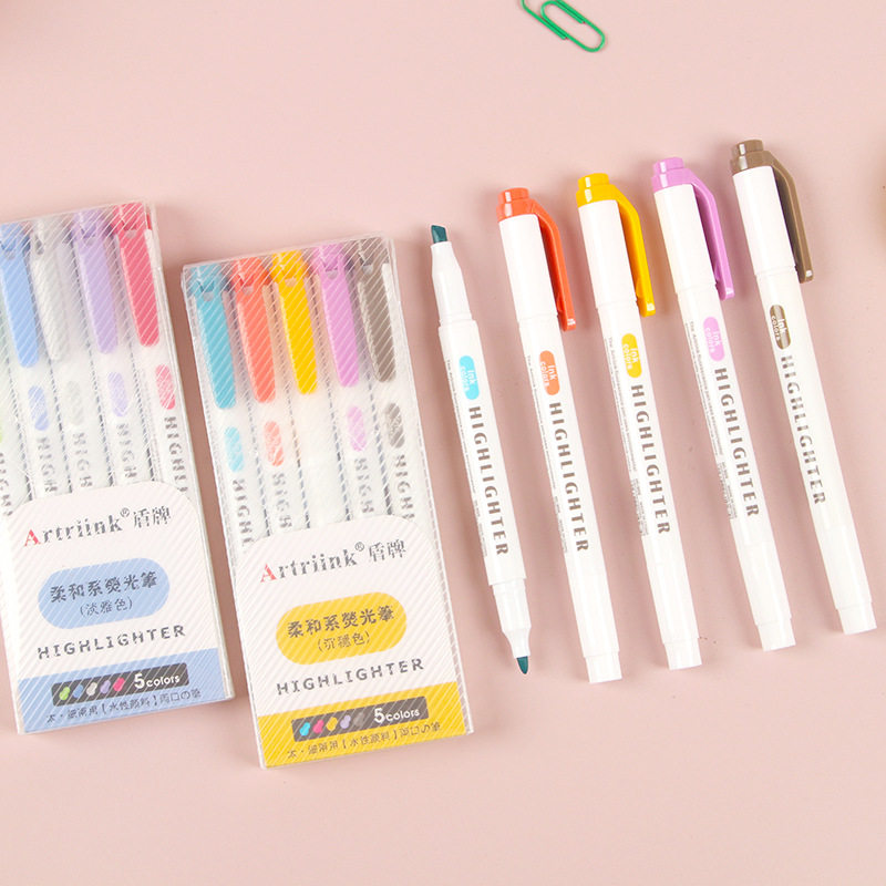盾牌柔和系双头荧光笔套装大容量水性手帐笔斜头彩色记号笔标记笔