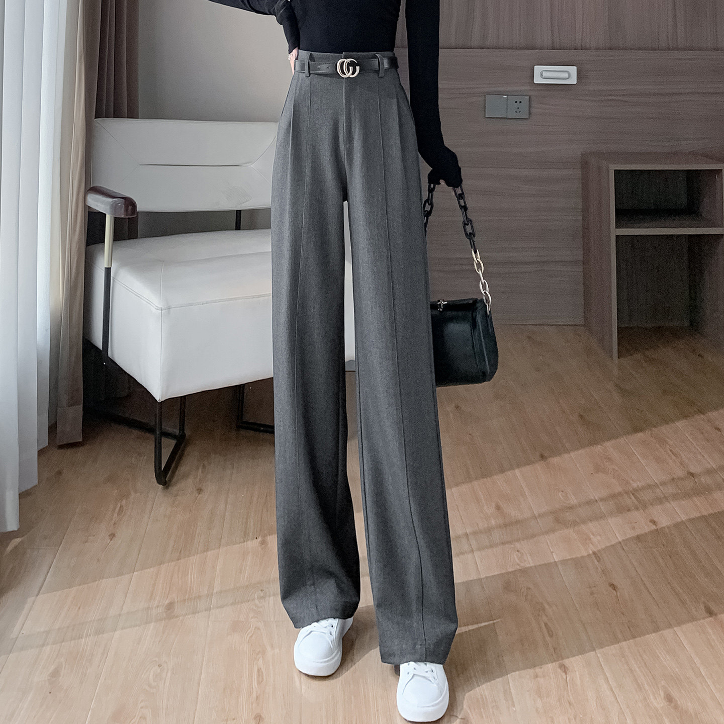 高级灰窄版阔腿裤女秋冬长裤高腰垂感宽松休闲女裤羊毛直筒西装裤