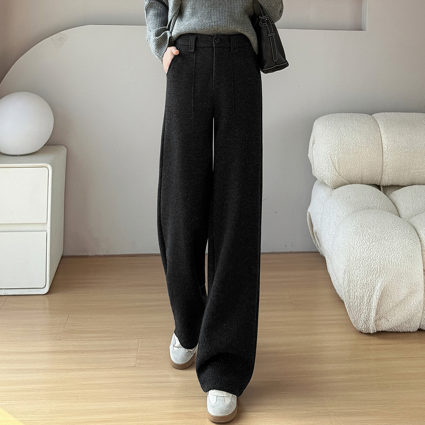 毛呢阔腿裤女2026新款秋冬加厚长裤高腰垂感休闲大口袋羊毛直筒裤