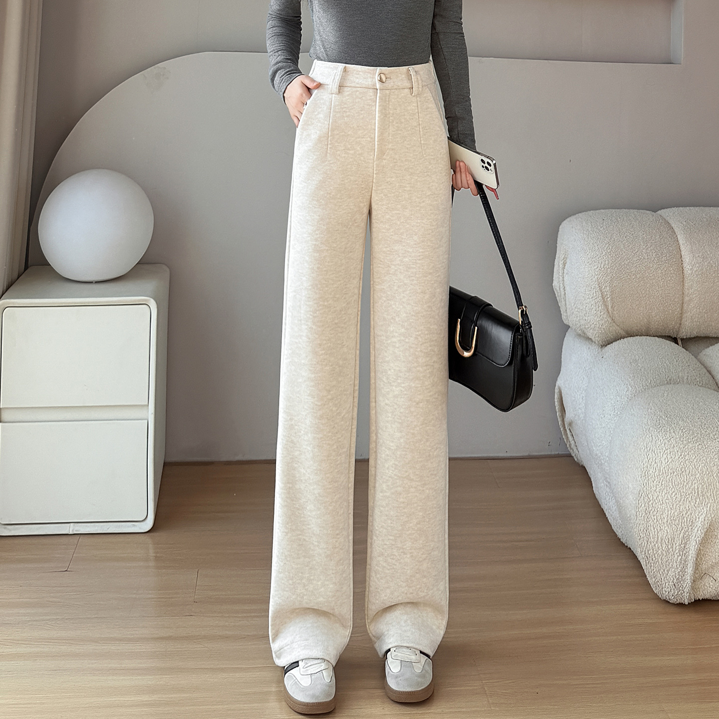 米色毛呢西装裤女秋冬加厚糯米裤垂感显瘦高腰窄版醋酸羊毛直筒裤