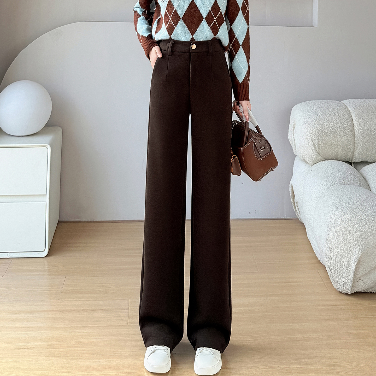 高级美拉德棕色裤子女秋冬加厚毛呢裤高腰垂感窄版醋酸羊毛直筒裤