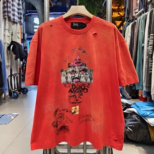 Paly Hollywood烫钻机车vintage水洗复古做旧宽松VTG短袖T恤男女