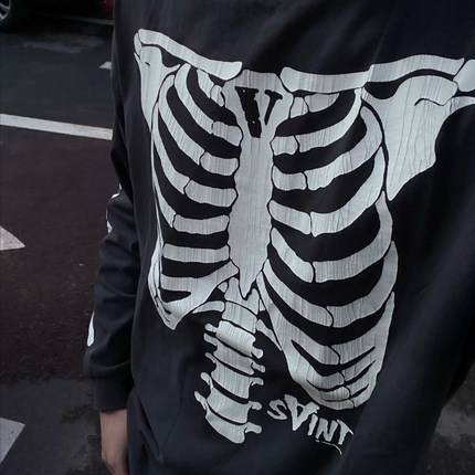 Saint Michael骷髅骨架美式高街VTG水洗宽松长袖打底T恤男女ins潮