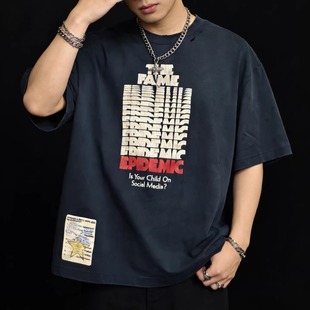 Paly Hollywood重复徽标vintage水洗复古做旧宽松VTG短袖T恤男女