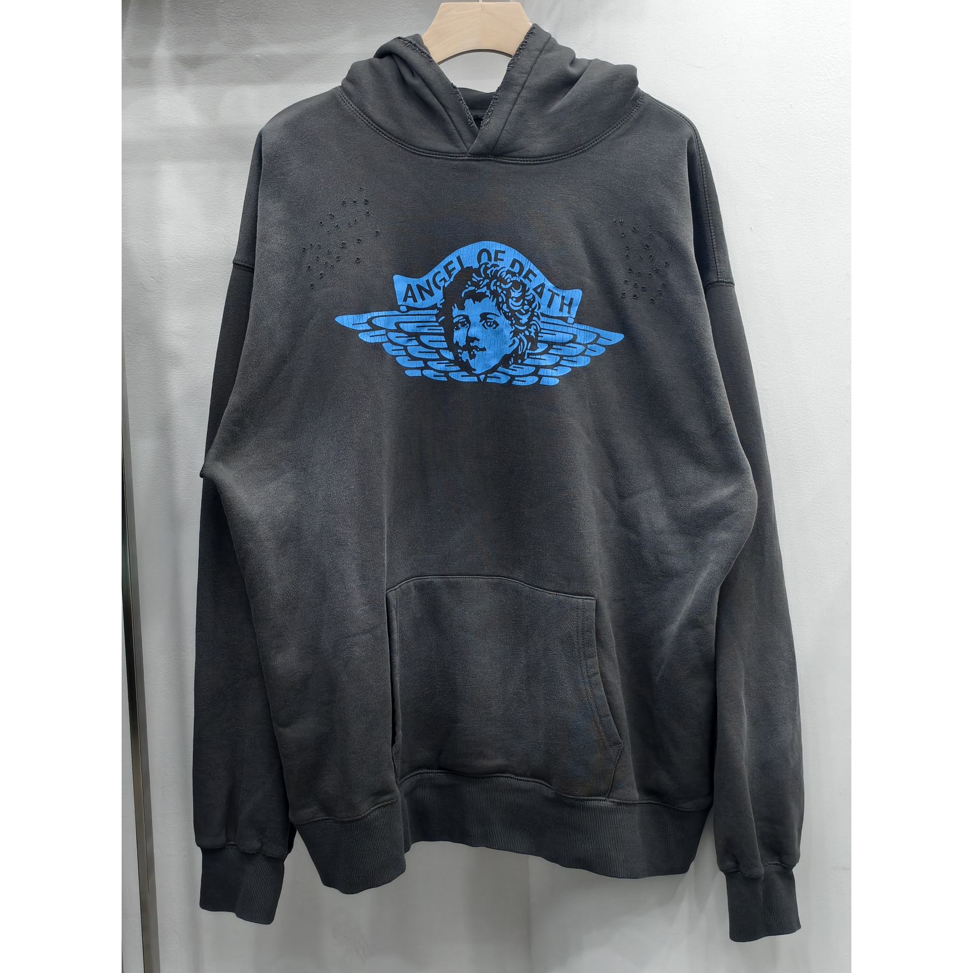 Saint Michael天使裂纹连帽加绒VTG美式高街水洗休闲长袖卫衣男女