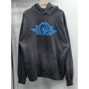 Saint Michael天使裂纹连帽加绒VTG美式高街水洗休闲长袖卫衣男女