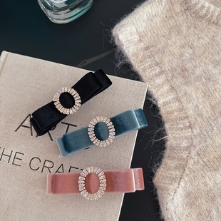 复古丝绒蝴蝶结水钻弹簧夹横夹 气质发卡顶夹 椭圆钻发夹女时尚